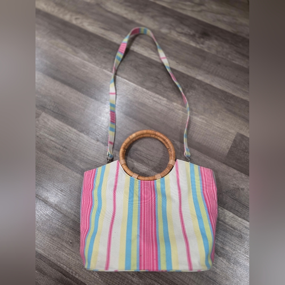 Talbots Wicker Straw Circle Handle Striped Satchel Crossbody Cottagecore Beach